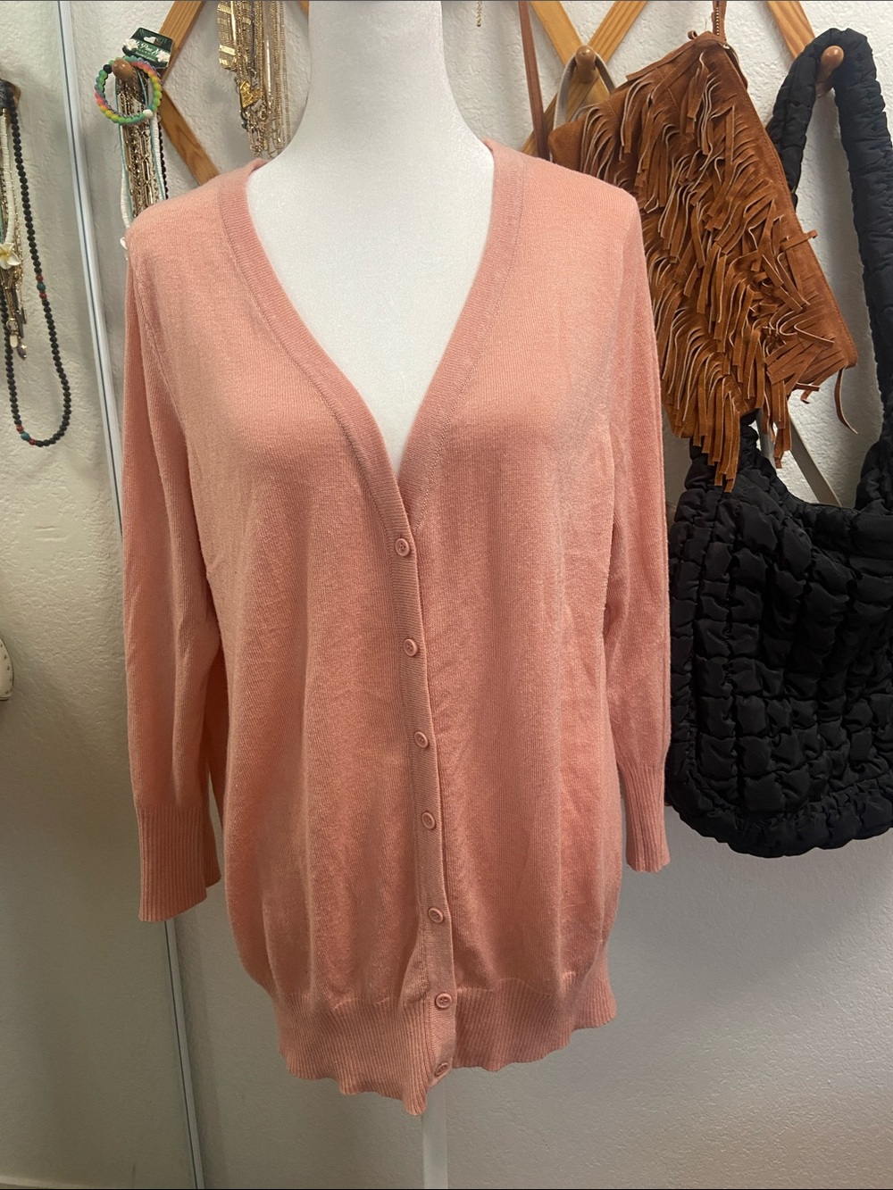 Women's V-Neck Button Cardigan Sweater - Peach/Pink Large